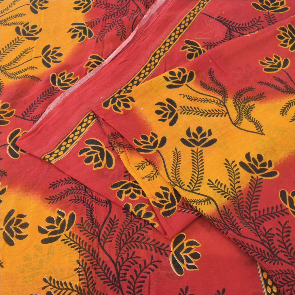 Sanskriti Vintage Sarees Red/Yellow Pure Cotton Printed Sari 5yd Craft Fabric