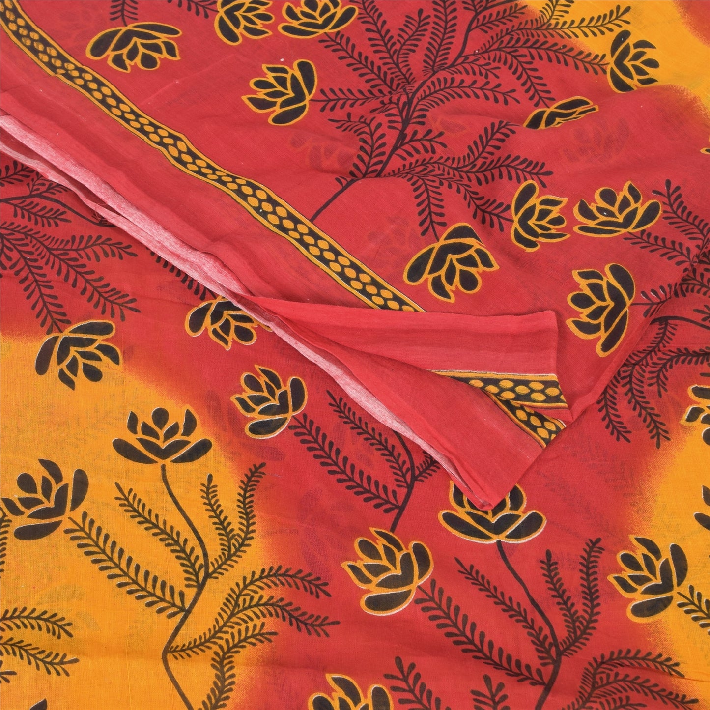 Sanskriti Vintage Sarees Red/Yellow Pure Cotton Printed Sari 5yd Craft Fabric