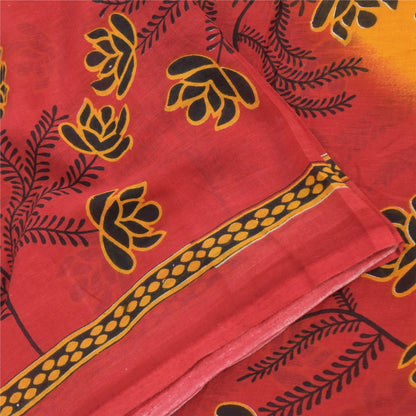 Sanskriti Vintage Sarees Red/Yellow Pure Cotton Printed Sari 5yd Craft Fabric