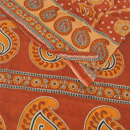 Sanskriti Vintage Sarees Indian Orange Pure Cotton Printed Sari 5yd Craft Fabric