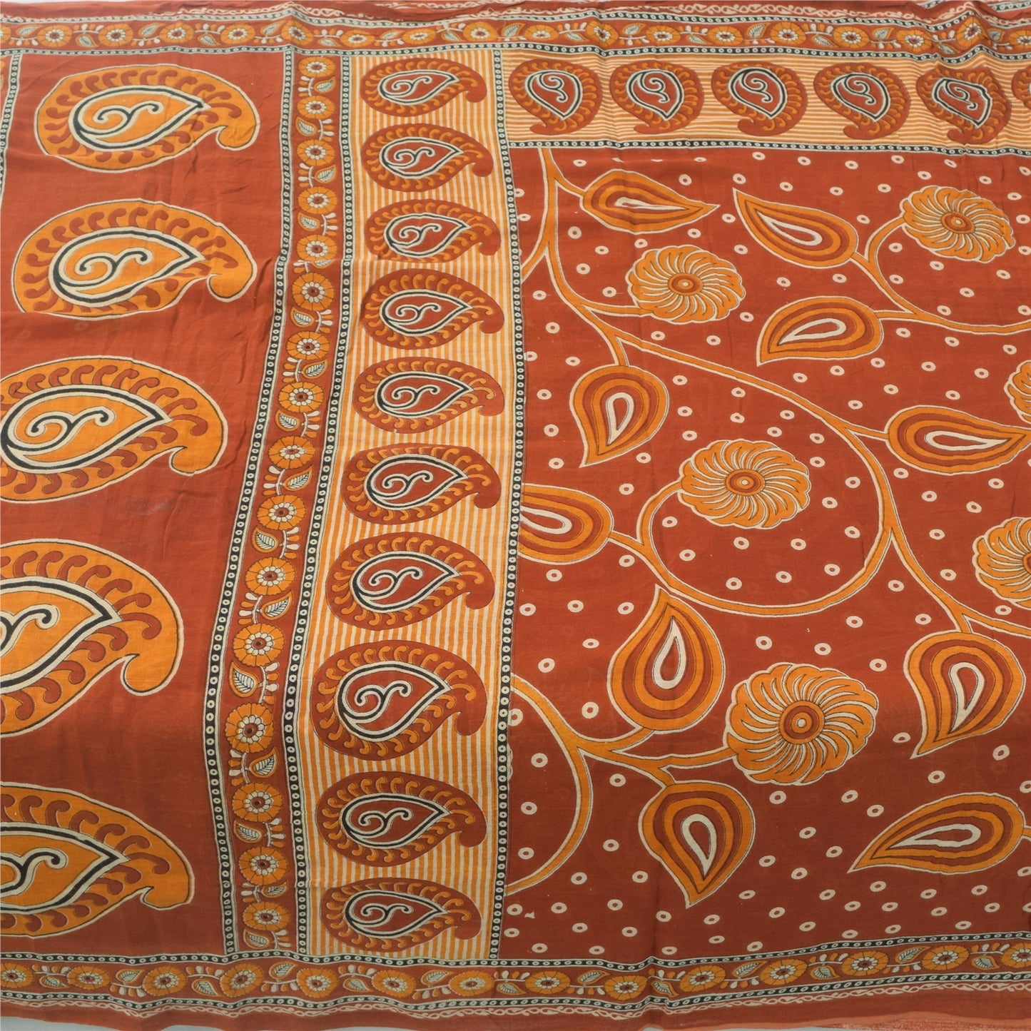 Sanskriti Vintage Sarees Indian Orange Pure Cotton Printed Sari 5yd Craft Fabric