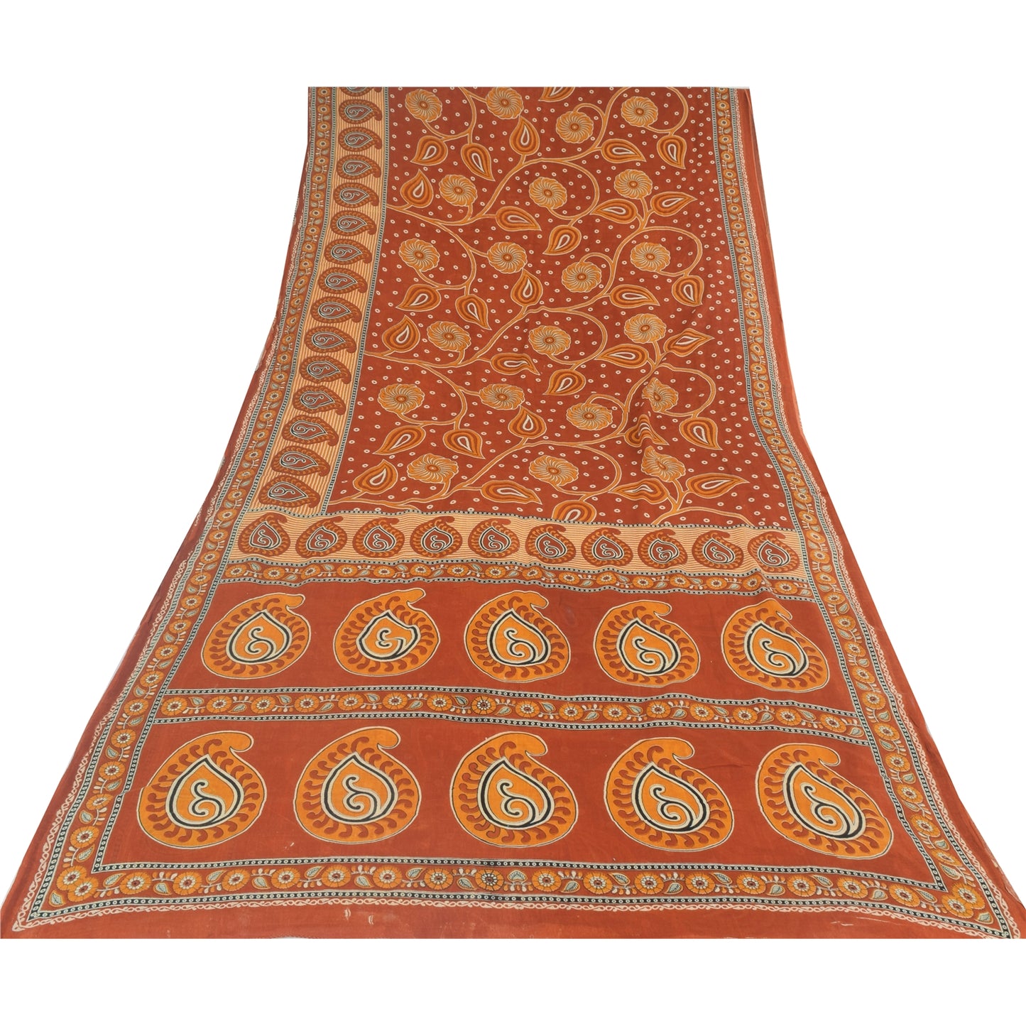 Sanskriti Vintage Sarees Indian Orange Pure Cotton Printed Sari 5yd Craft Fabric