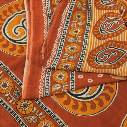 Sanskriti Vintage Sarees Indian Orange Pure Cotton Printed Sari 5yd Craft Fabric