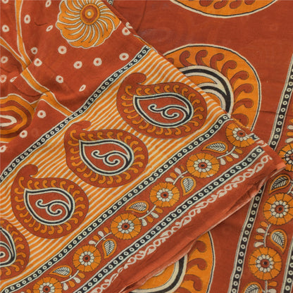 Sanskriti Vintage Sarees Indian Orange Pure Cotton Printed Sari 5yd Craft Fabric