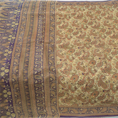 Sanskriti Vintage Sarees Indian Ivory Pure Cotton Printed Sari 5yd Craft Fabric