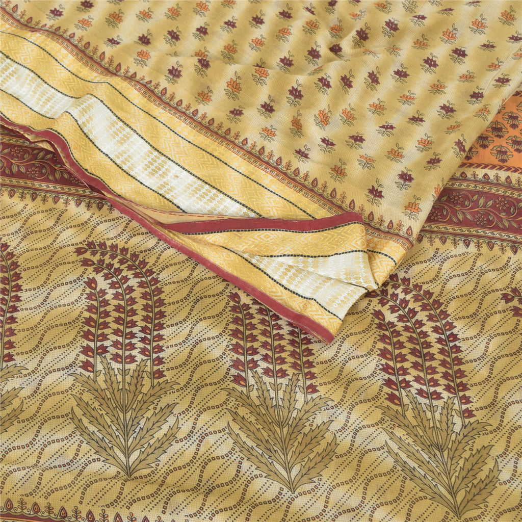 Sanskriti Vintage Sarees Pale-Yellow Pure Cotton Printed Sari 5yd Craft Fabric