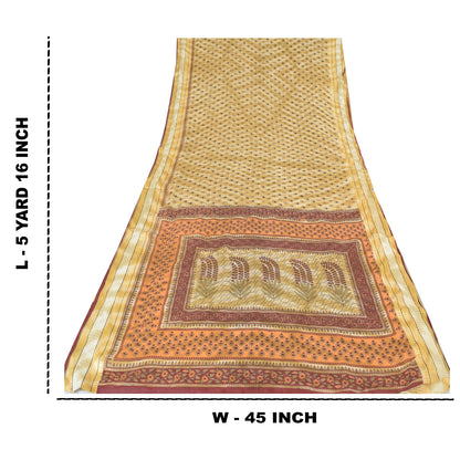 Sanskriti Vintage Sarees Pale-Yellow Pure Cotton Printed Sari 5yd Craft Fabric