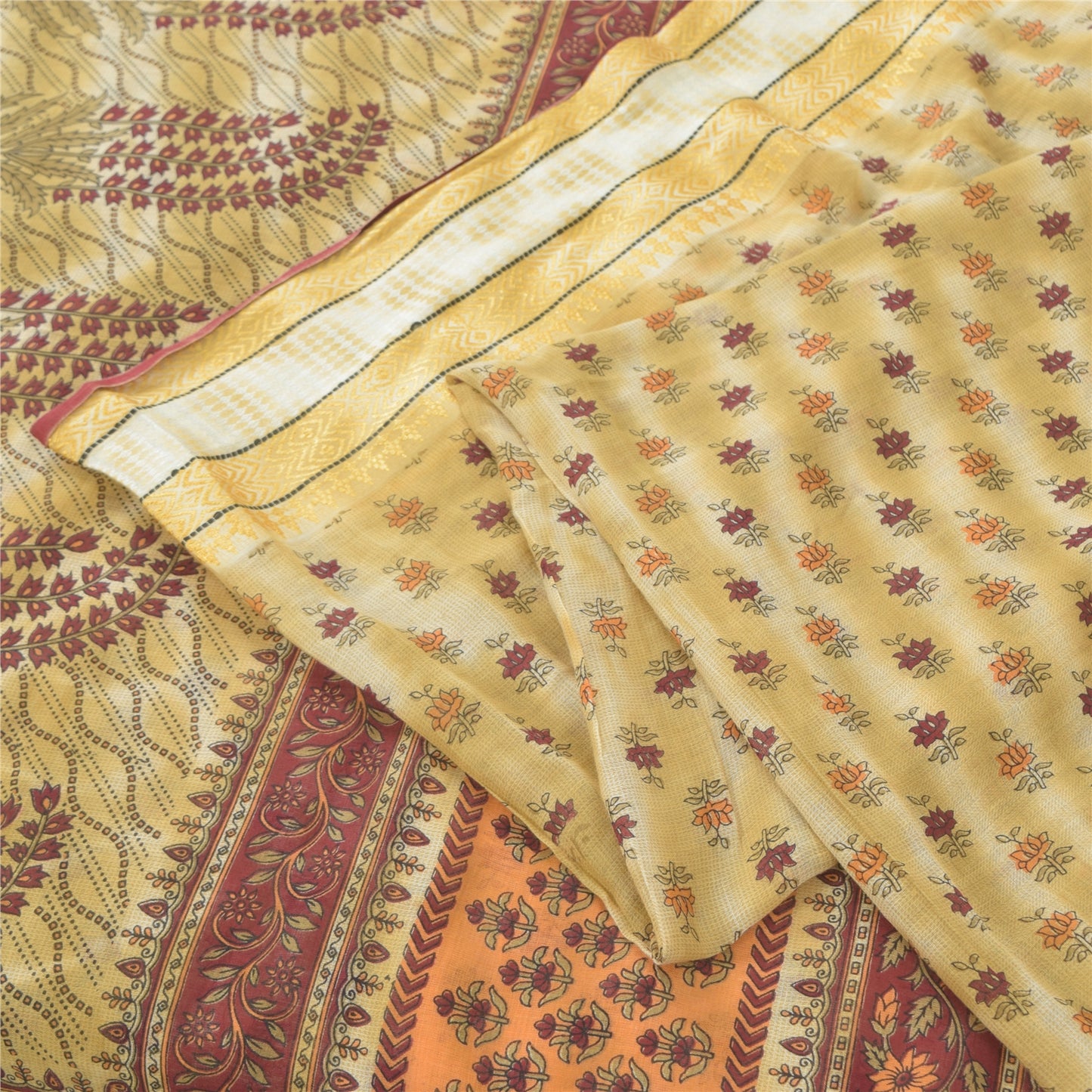 Sanskriti Vintage Sarees Pale-Yellow Pure Cotton Printed Sari 5yd Craft Fabric