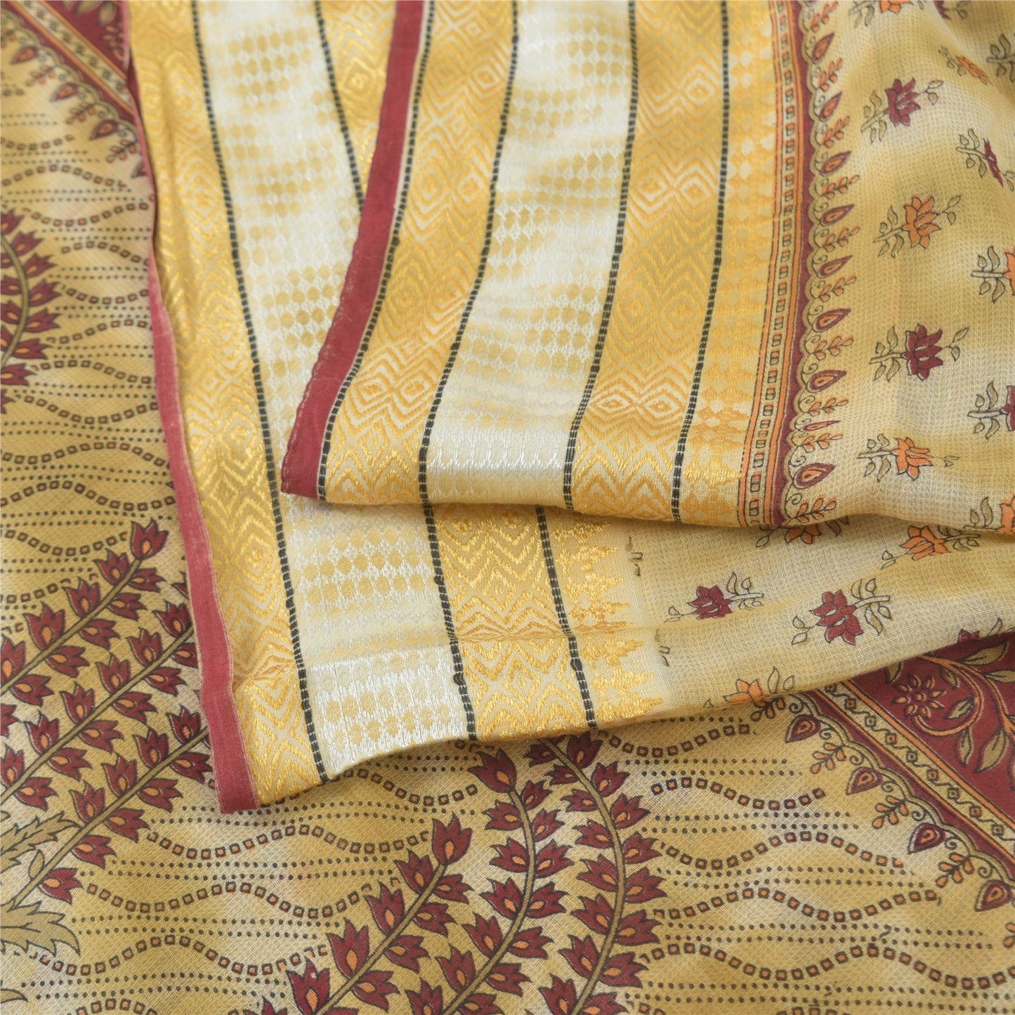 Sanskriti Vintage Sarees Pale-Yellow Pure Cotton Printed Sari 5yd Craft Fabric