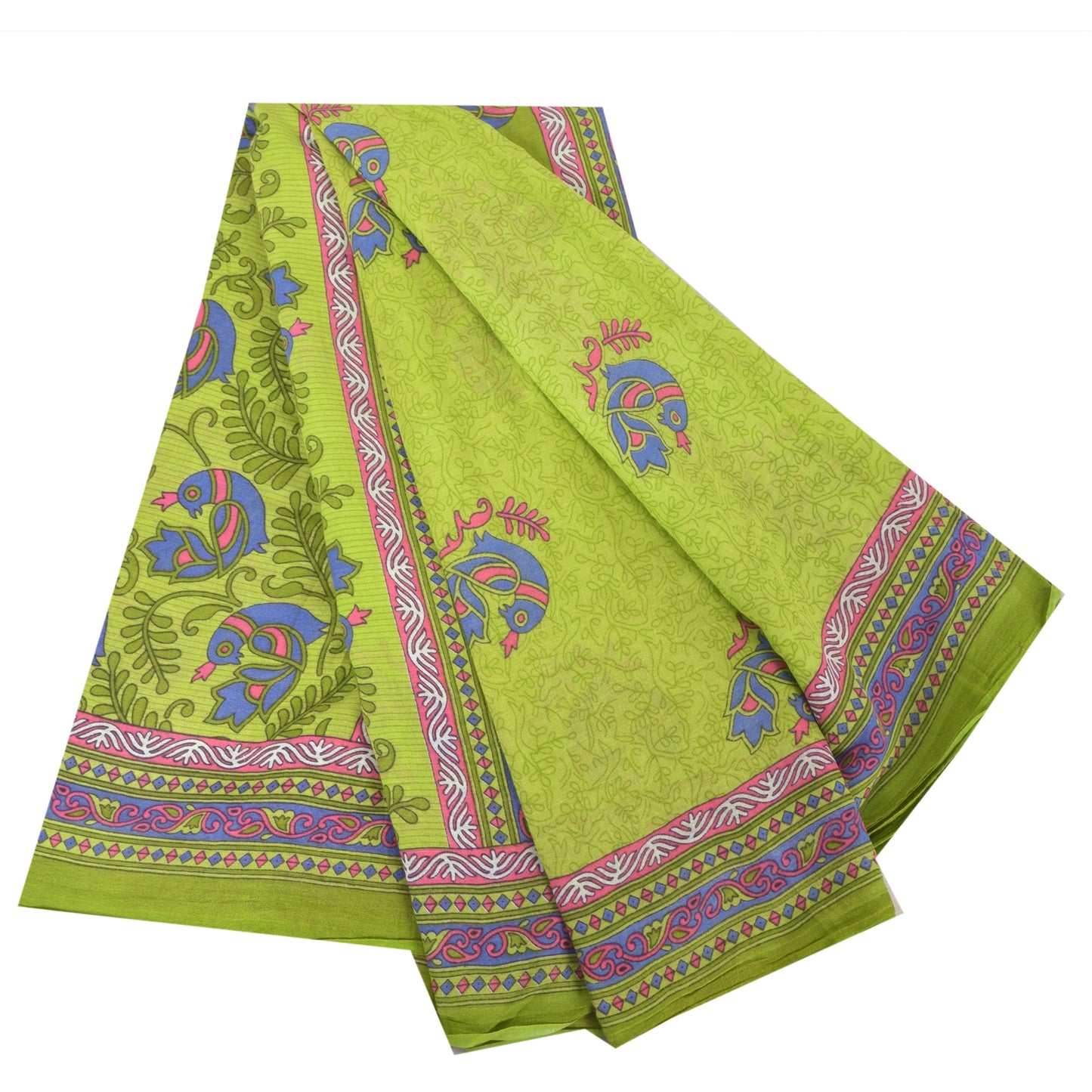 Sanskriti Vintage Sarees Green Peacock Printed Pure Cotton Sari 5yd Craft Fabric