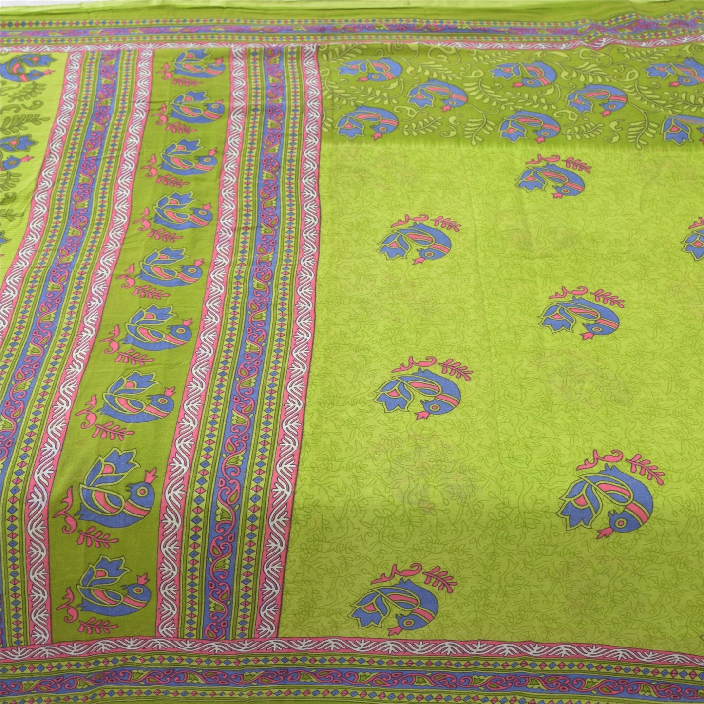 Sanskriti Vintage Sarees Green Peacock Printed Pure Cotton Sari 5yd Craft Fabric