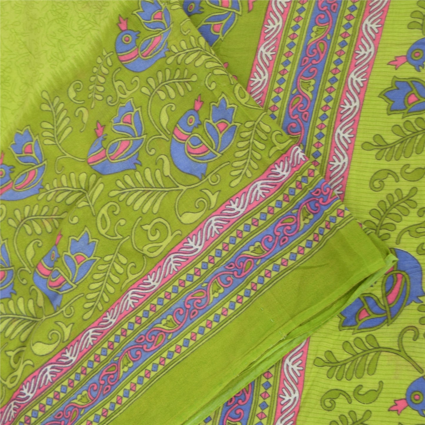 Sanskriti Vintage Sarees Green Peacock Printed Pure Cotton Sari 5yd Craft Fabric