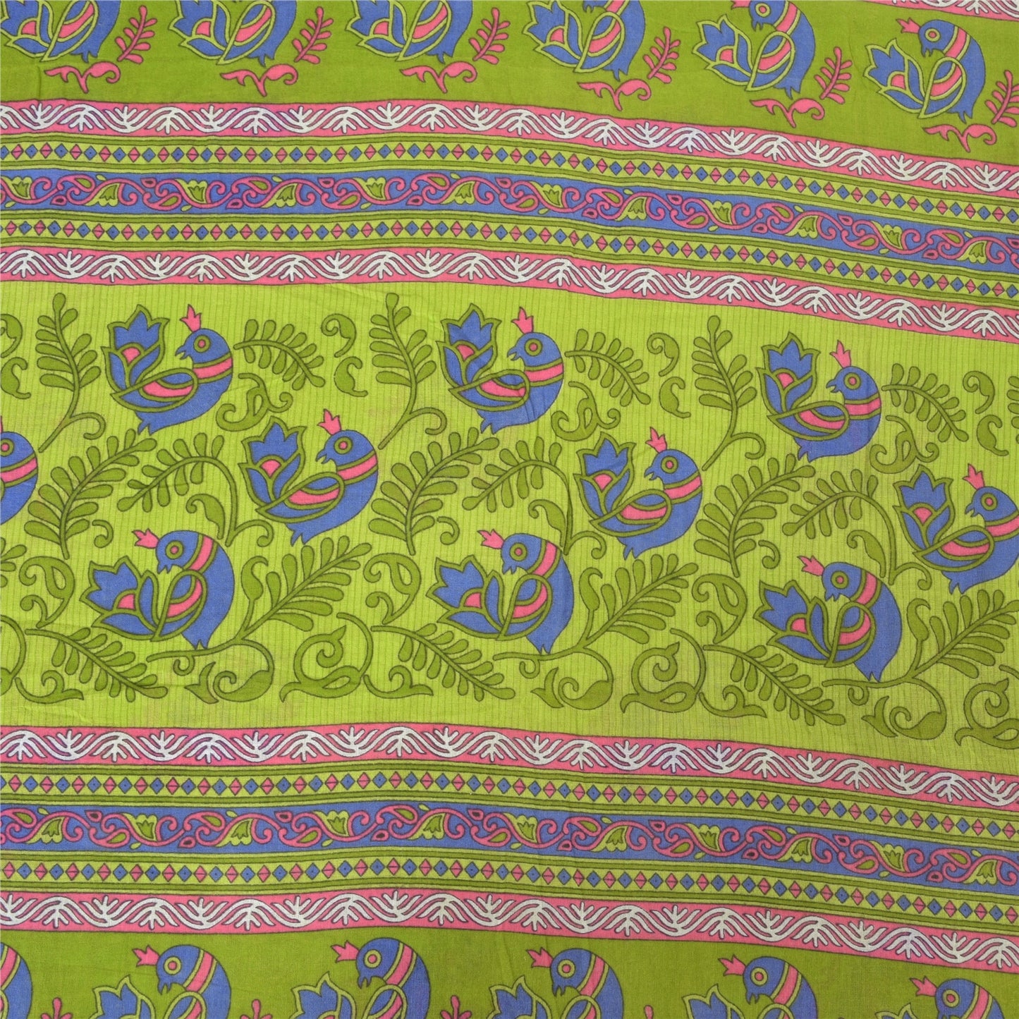 Sanskriti Vintage Sarees Green Peacock Printed Pure Cotton Sari 5yd Craft Fabric