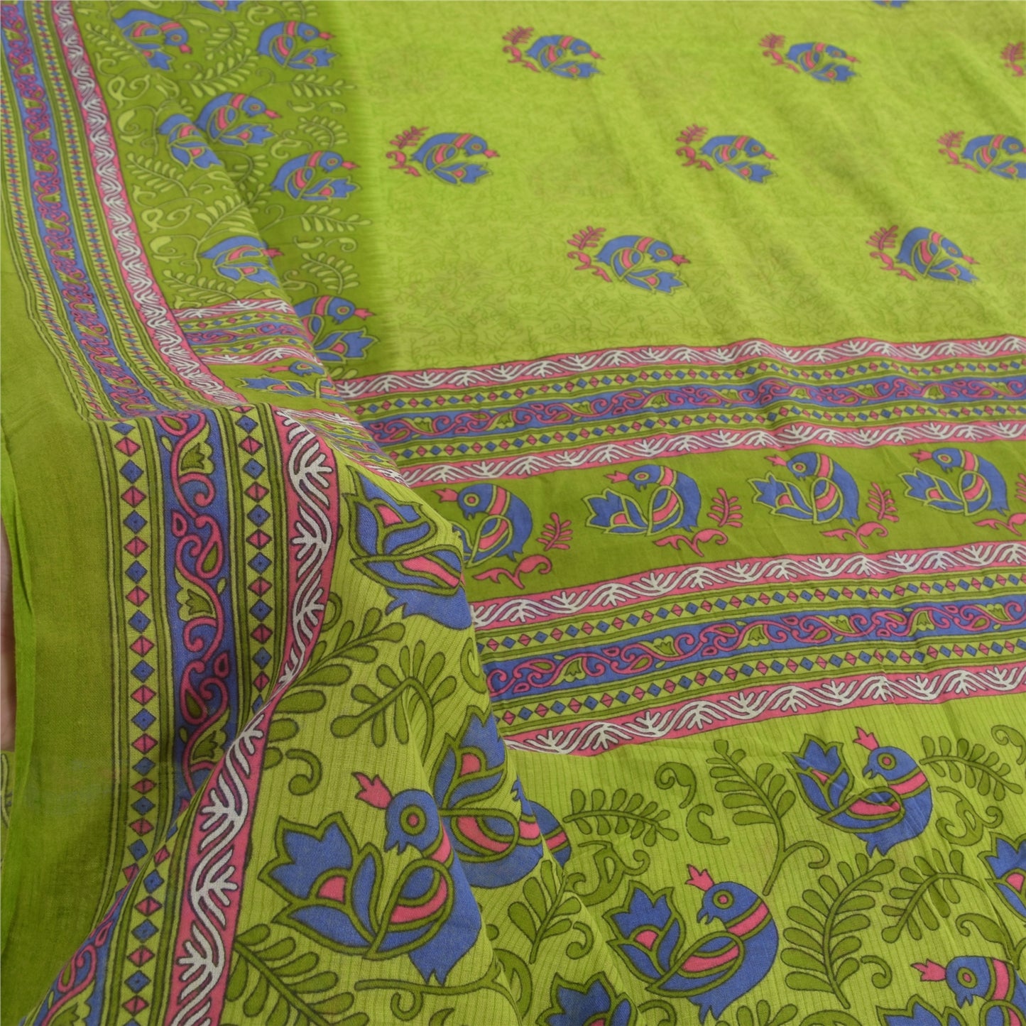 Sanskriti Vintage Sarees Green Peacock Printed Pure Cotton Sari 5yd Craft Fabric