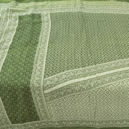 Sanskriti Vintage Sarees Green/Ivory Pure Cotton Printed Sari 5yd Craft Fabric