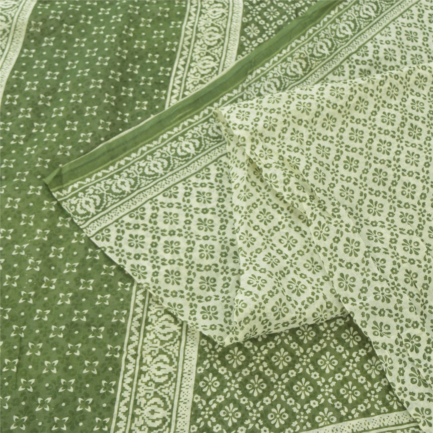 Sanskriti Vintage Sarees Green/Ivory Pure Cotton Printed Sari 5yd Craft Fabric