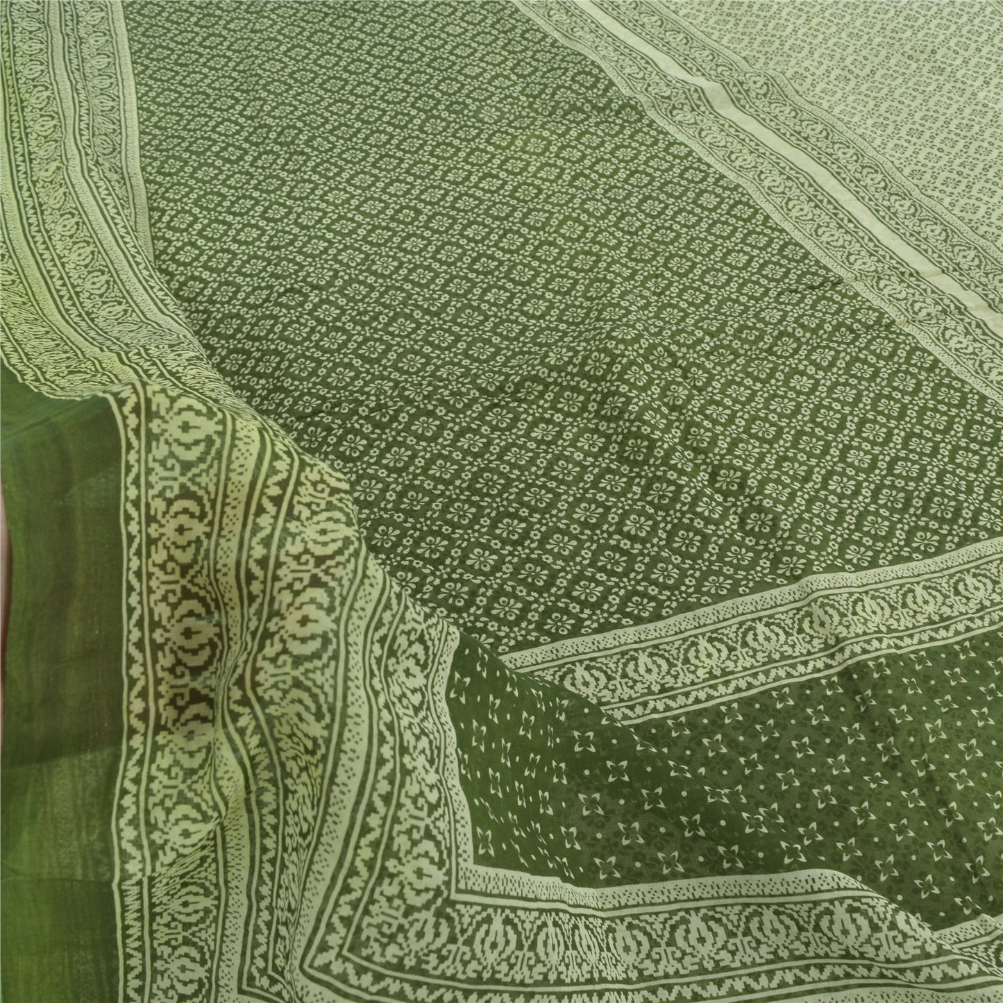 Sanskriti Vintage Sarees Green/Ivory Pure Cotton Printed Sari 5yd Craft Fabric