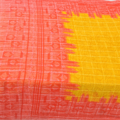 Sanskriti Vintage Sarees Yellow/Red Pure Cotton Printed Sari 5yd Craft Fabric