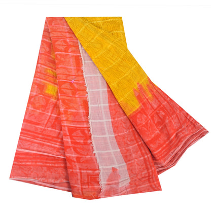 Sanskriti Vintage Sarees Yellow/Red Pure Cotton Printed Sari 5yd Craft Fabric