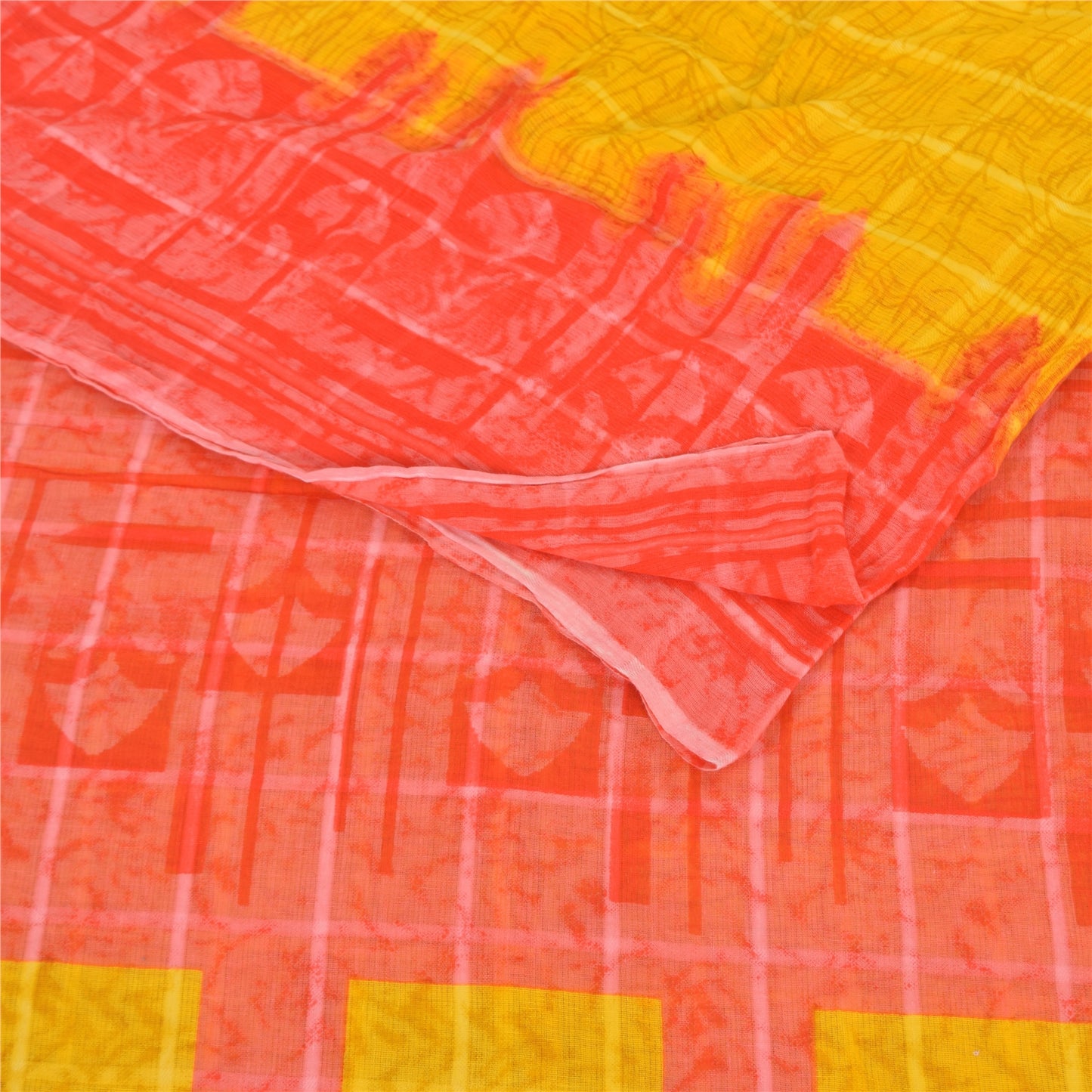 Sanskriti Vintage Sarees Yellow/Red Pure Cotton Printed Sari 5yd Craft Fabric