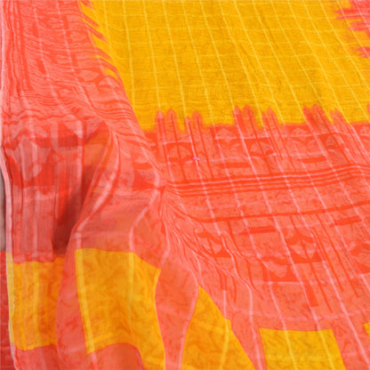 Sanskriti Vintage Sarees Yellow/Red Pure Cotton Printed Sari 5yd Craft Fabric