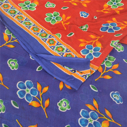 Sanskriti Vintage Sarees Red/Blue 100% Pure Cotton Printed Sari 5yd Craft Fabric