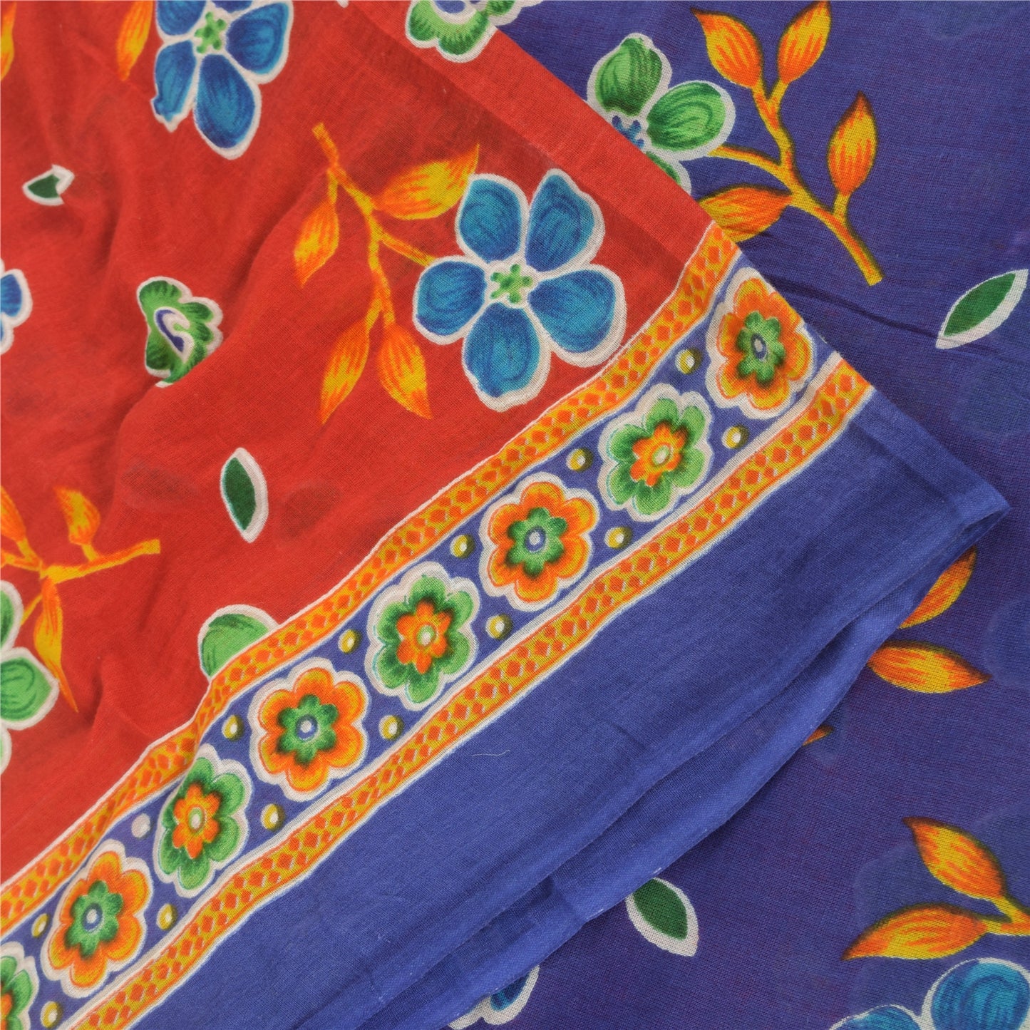 Sanskriti Vintage Sarees Red/Blue 100% Pure Cotton Printed Sari 5yd Craft Fabric