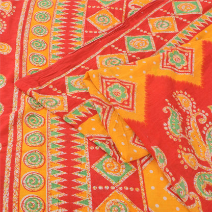 Sanskriti Vintage Sarees Yellow/Red Pure Cotton Printed Sari 5yd Craft Fabric