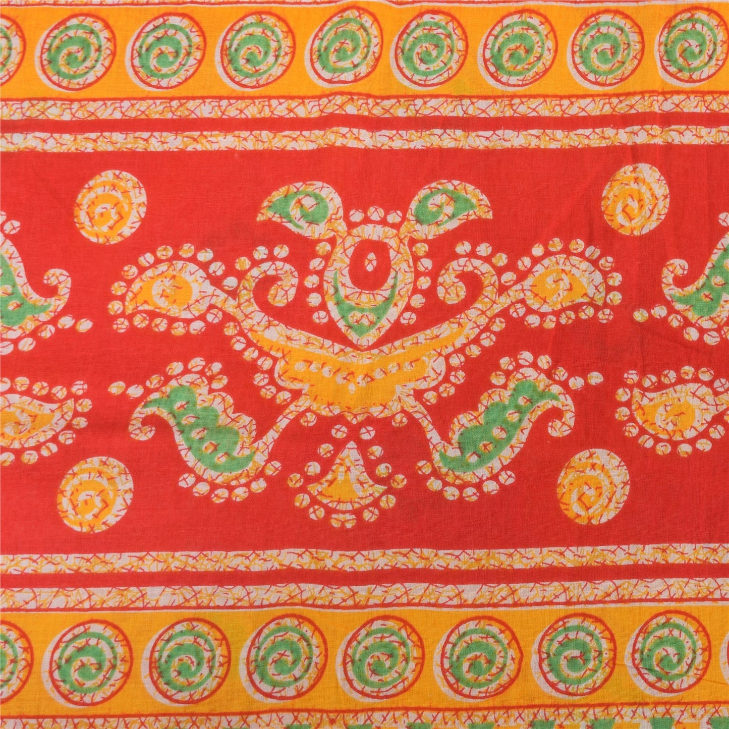 Sanskriti Vintage Sarees Yellow/Red Pure Cotton Printed Sari 5yd Craft Fabric