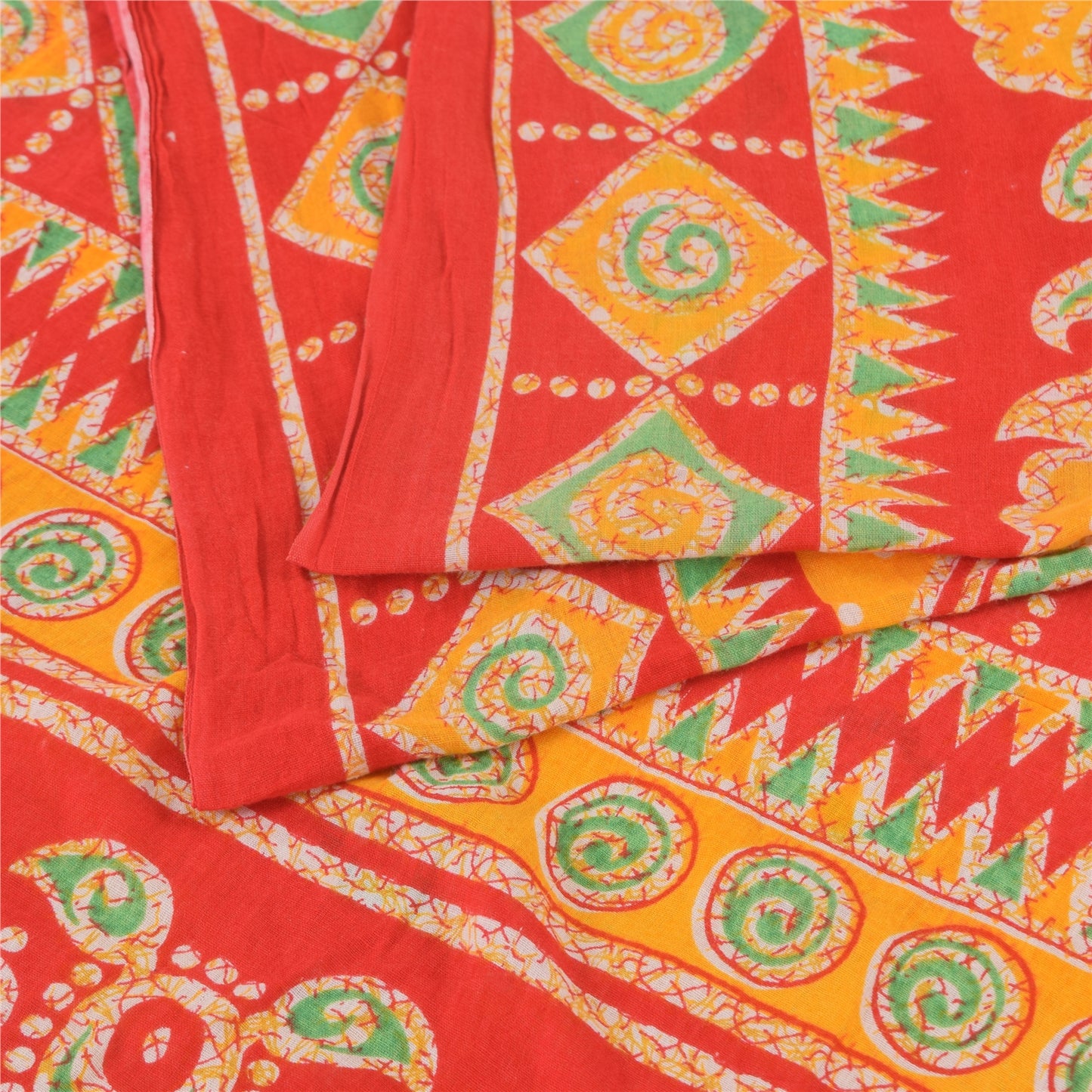 Sanskriti Vintage Sarees Yellow/Red Pure Cotton Printed Sari 5yd Craft Fabric