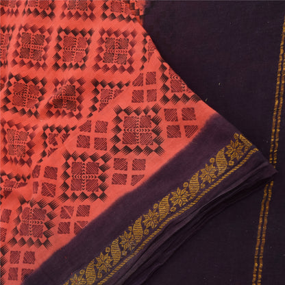 Sanskriti Vintage Sarees Peach/Purple Zari Woven Print Pure Cotton Sari Fabric