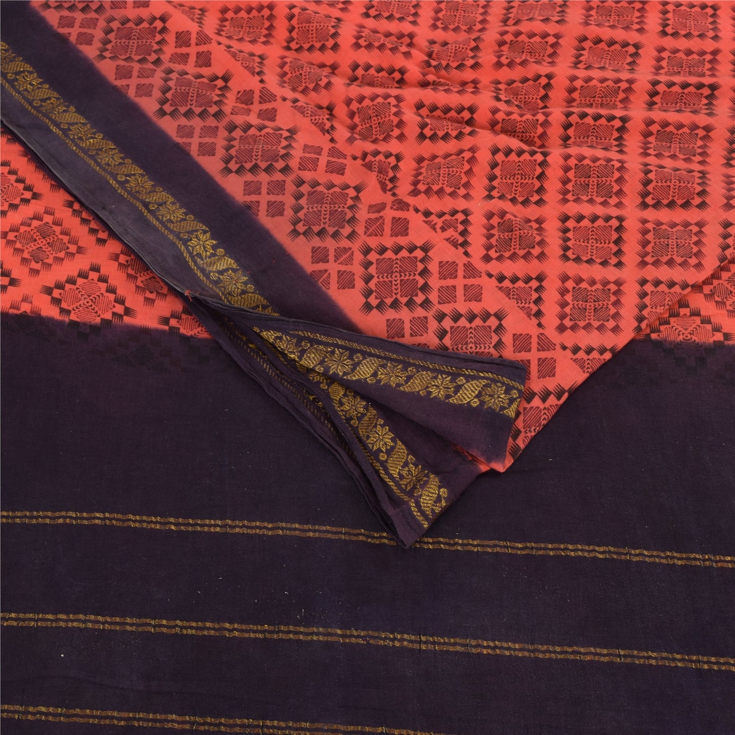 Sanskriti Vintage Sarees Peach/Purple Zari Woven Print Pure Cotton Sari Fabric