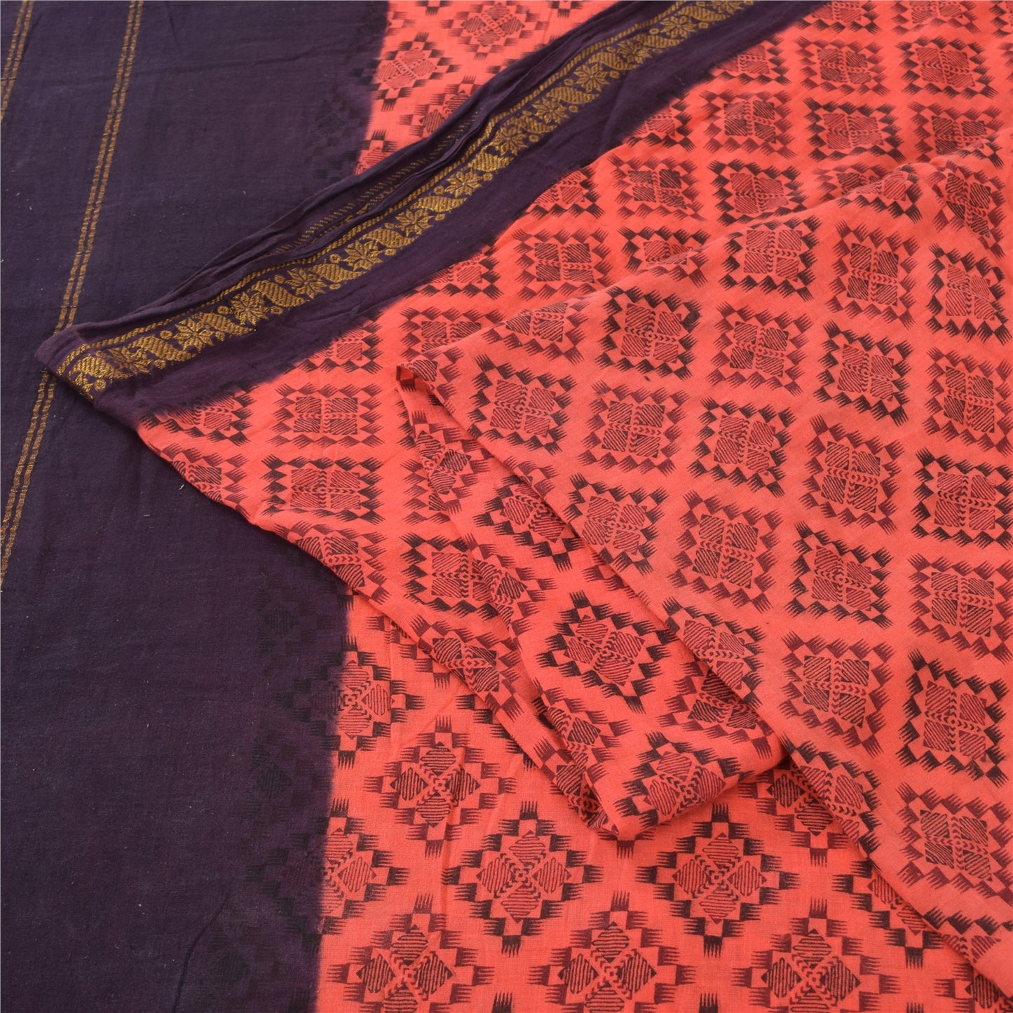 Sanskriti Vintage Sarees Peach/Purple Zari Woven Print Pure Cotton Sari Fabric