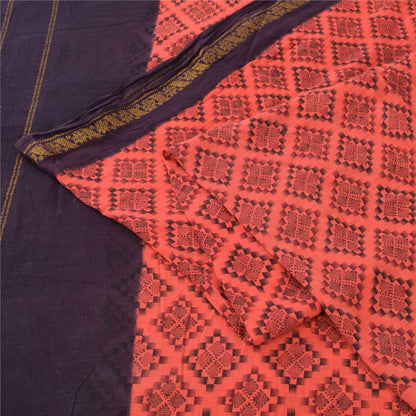 Sanskriti Vintage Sarees Peach/Purple Zari Woven Print Pure Cotton Sari Fabric