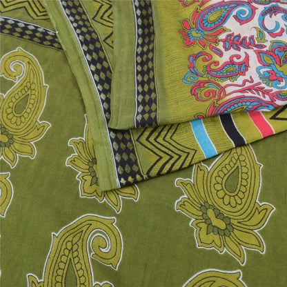 Sanskriti Vintage Sarees Indian Green Pure Cotton Printed Sari 5yd Craft Fabric