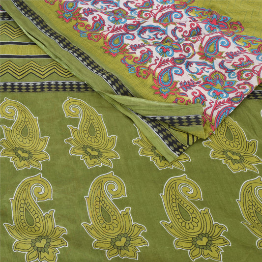 Sanskriti Vintage Sarees Indian Green Pure Cotton Printed Sari 5yd Craft Fabric