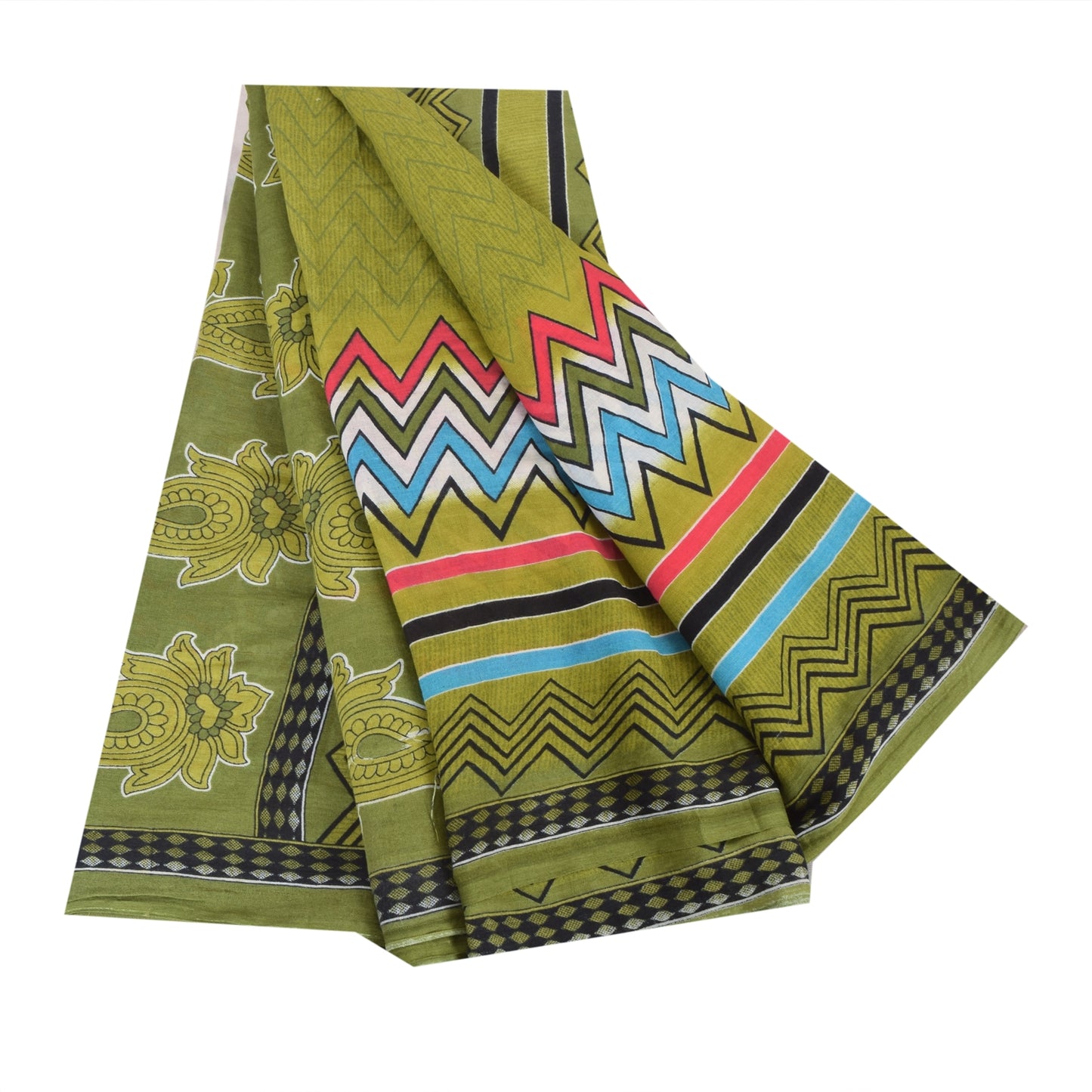 Sanskriti Vintage Sarees Indian Green Pure Cotton Printed Sari 5yd Craft Fabric