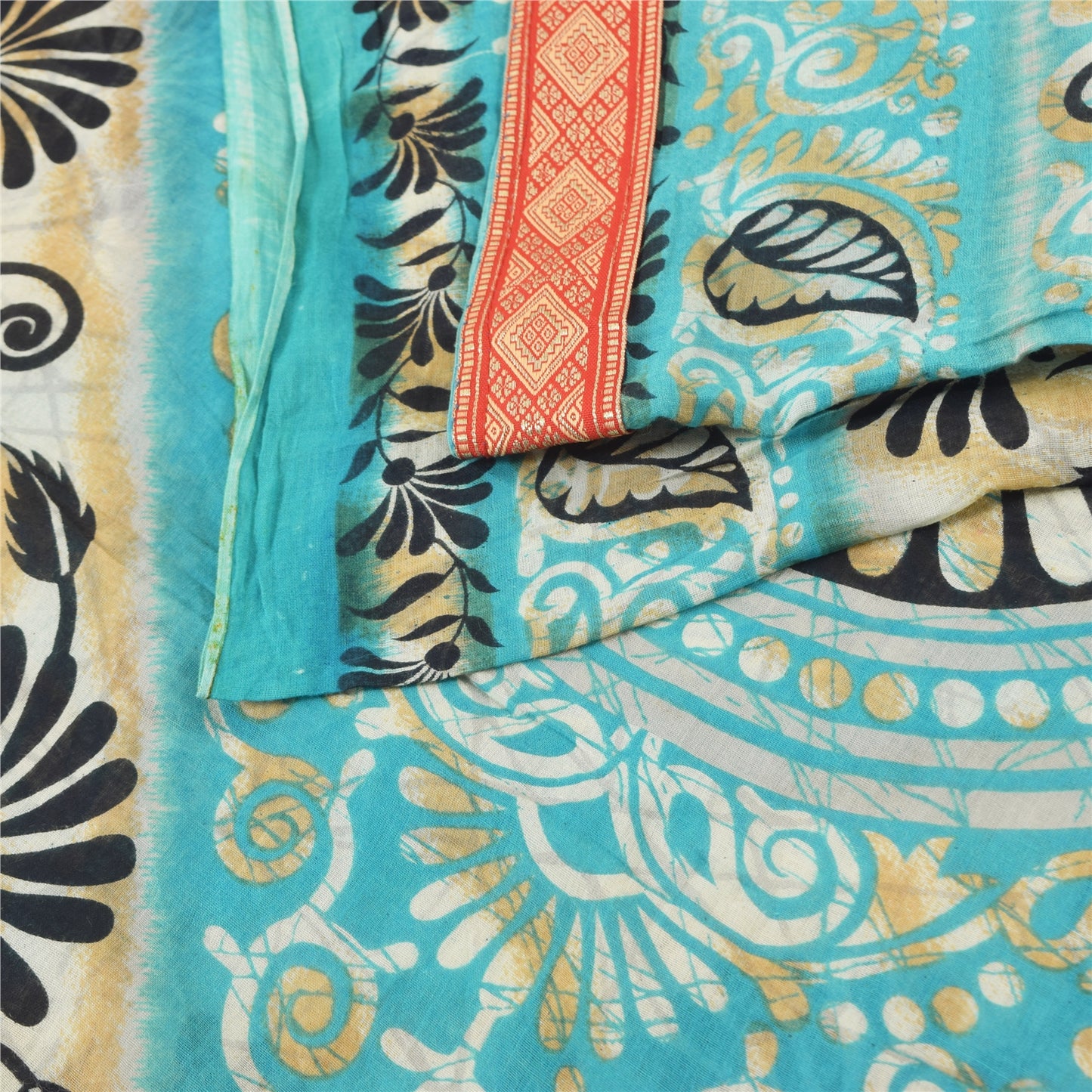 Sanskriti Vintage Sarees Indian Blue Pure Cotton Printed Sari 5yd Craft Fabric