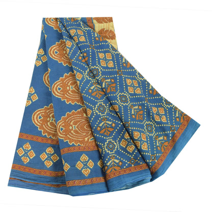 Sanskriti Vintage Sarees Indian Blue Pure Cotton Printed Sari 5yd Craft Fabric