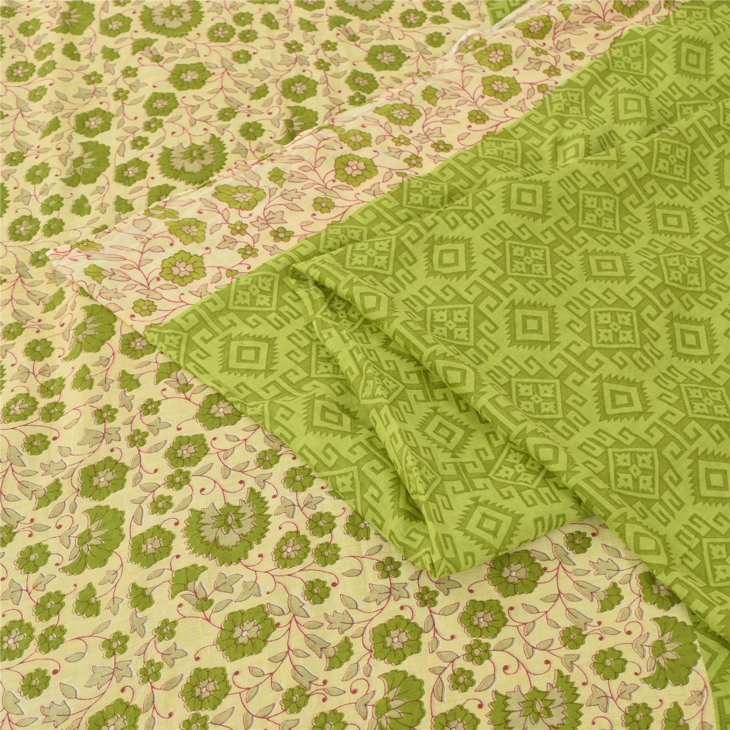 Sanskriti Vintage Sarees Indian Green Pure Cotton Printed Sari 5yd Craft Fabric