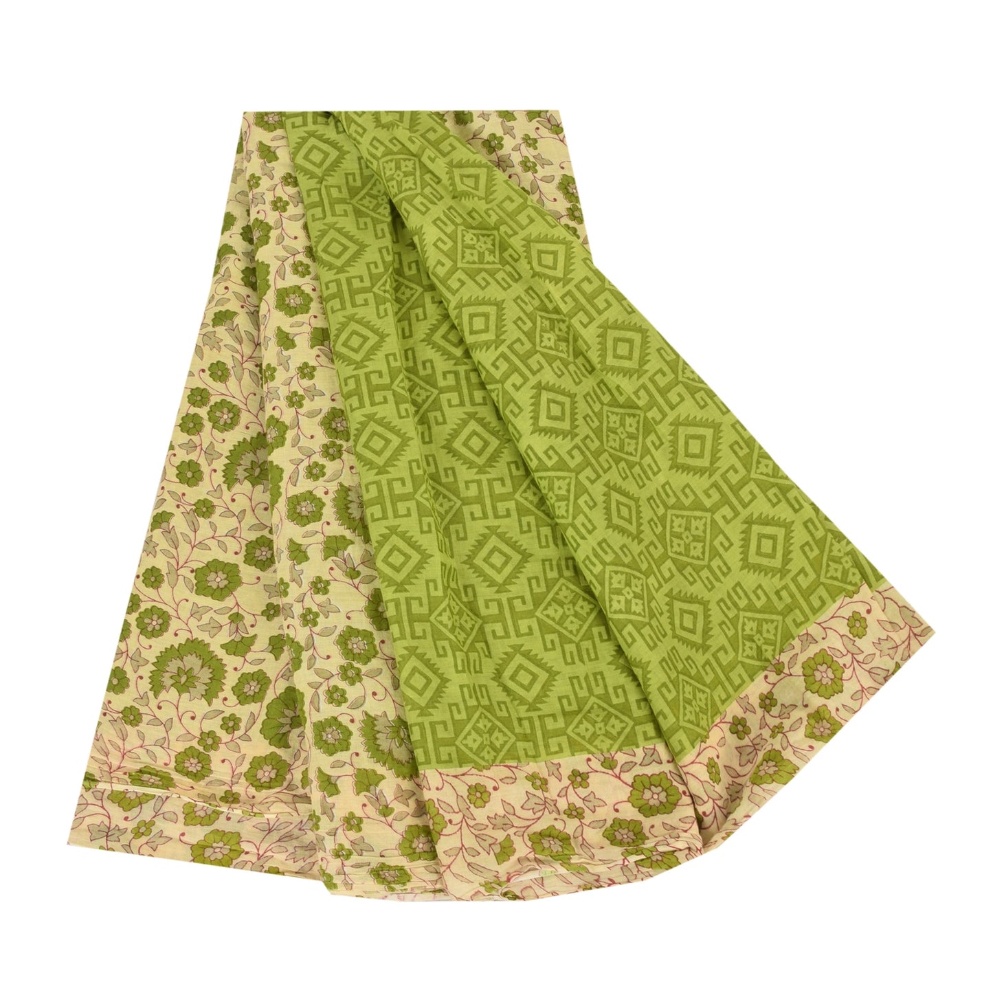 Sanskriti Vintage Sarees Indian Green Pure Cotton Printed Sari 5yd Craft Fabric