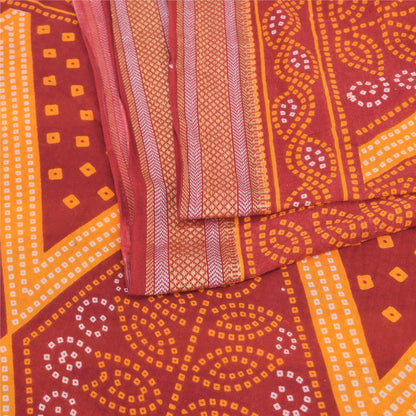 Sanskriti Vintage Sarees Red/Yellow Bandhani Printed Pure Cotton Sari 5yd Fabric