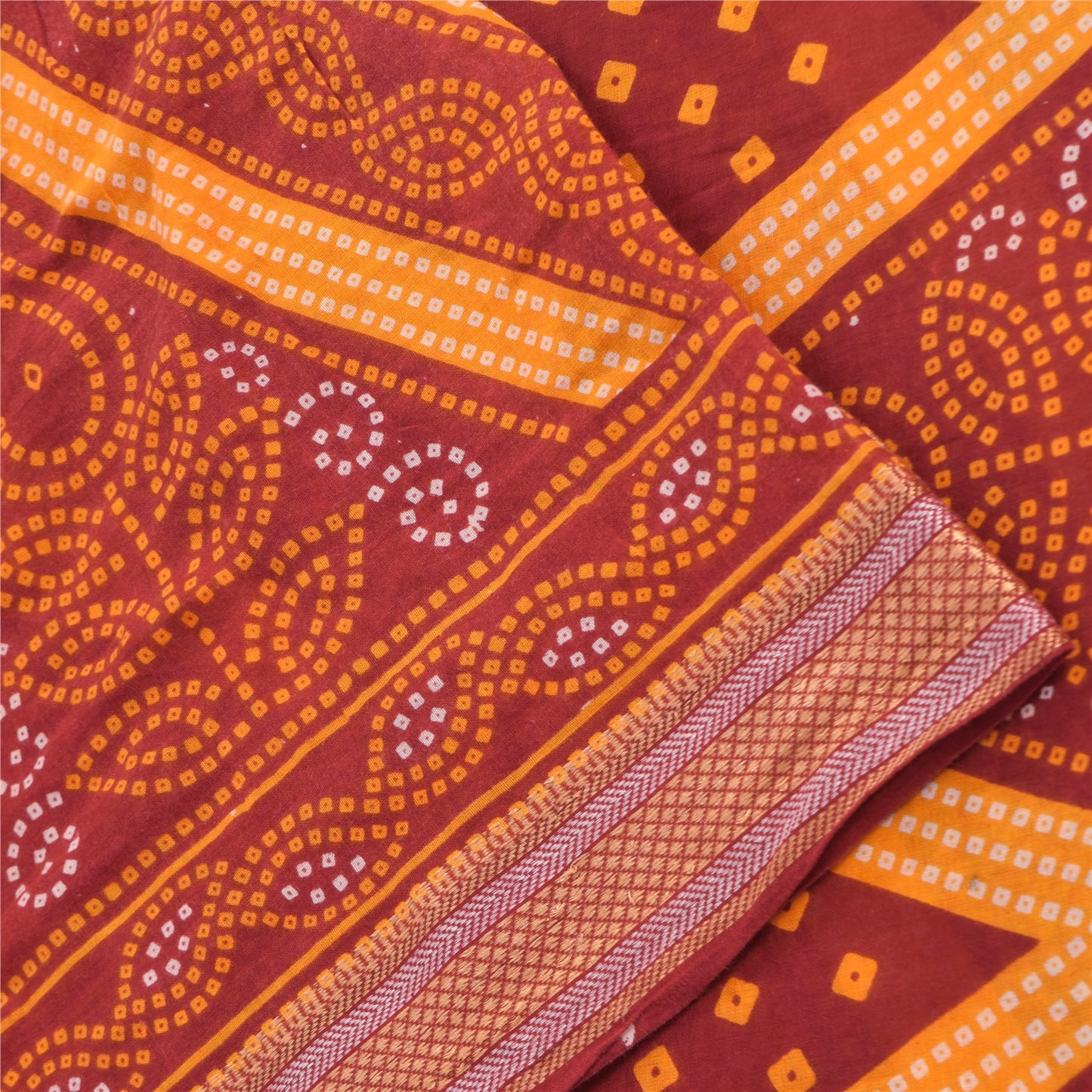 Sanskriti Vintage Sarees Red/Yellow Bandhani Printed Pure Cotton Sari 5yd Fabric