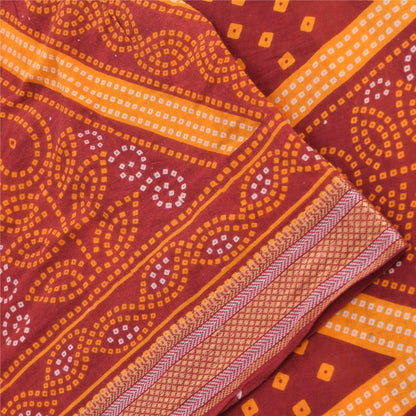 Sanskriti Vintage Sarees Red/Yellow Bandhani Printed Pure Cotton Sari 5yd Fabric