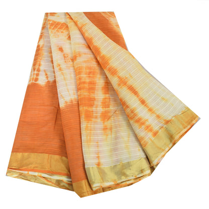 Sanskriti Vintage Sarees Orange/Ivory Tie-Dye Pure Cotton Sari 5yd Craft Fabric