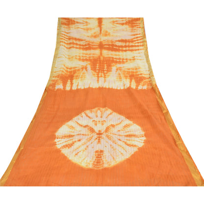 Sanskriti Vintage Sarees Orange/Ivory Tie-Dye Pure Cotton Sari 5yd Craft Fabric