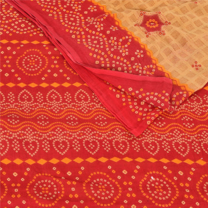 Sanskriti Vintage Sarees Brown/Red Bandhani Pure Cotton Printed Sari 5yd Fabric