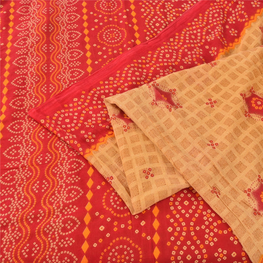 Sanskriti Vintage Sarees Brown/Red Bandhani Pure Cotton Printed Sari 5yd Fabric