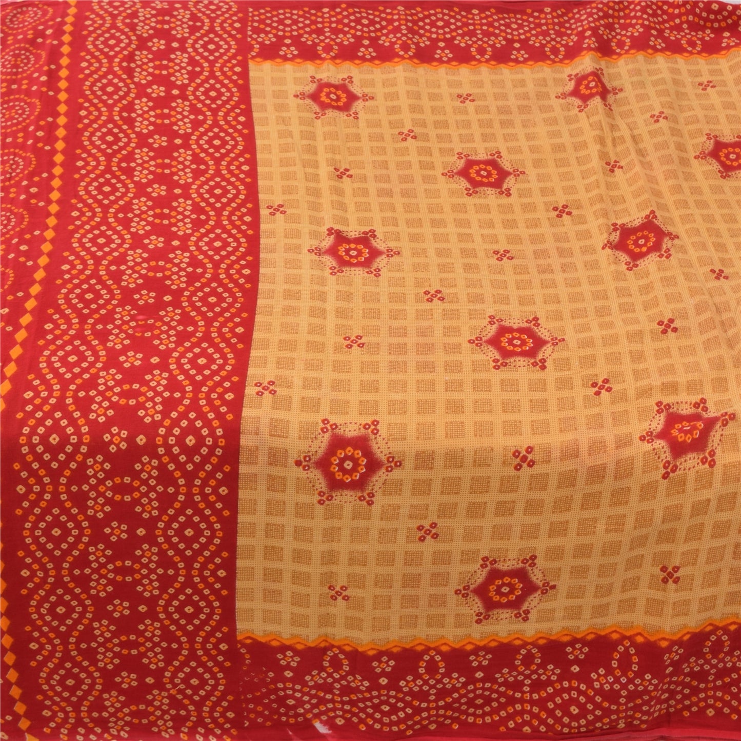 Sanskriti Vintage Sarees Brown/Red Bandhani Pure Cotton Printed Sari 5yd Fabric