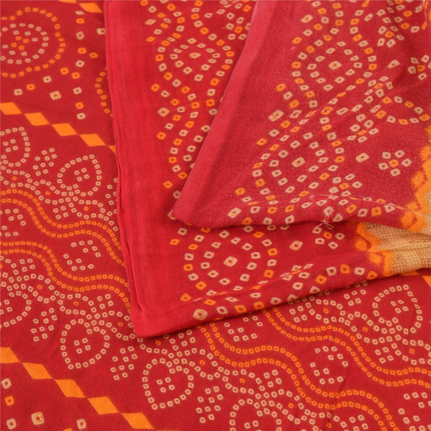 Sanskriti Vintage Sarees Brown/Red Bandhani Pure Cotton Printed Sari 5yd Fabric